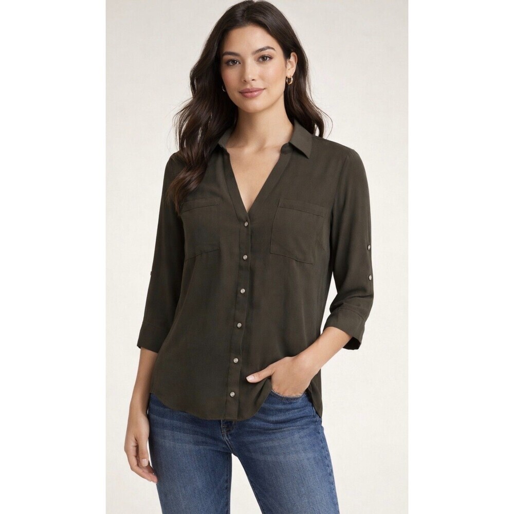 Express Black Women Sz S Sheer Long Sleeve Shirt V Neck Button Up Roll Sleeve R